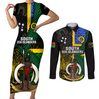 Personalised South Sea Islanders Couples Matching Short Sleeve Bodycon Dress and Long Sleeve Button Shirts Kanakas With Vanuatu Coat Of Arms LT14 Black - Polynesian Pride