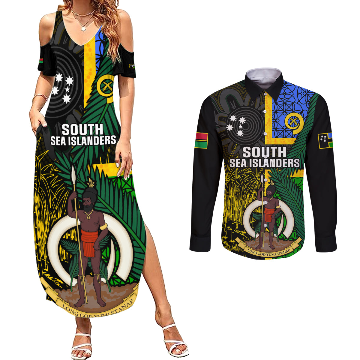 Personalised South Sea Islanders Couples Matching Summer Maxi Dress and Long Sleeve Button Shirts Kanakas With Vanuatu Coat Of Arms LT14 Black - Polynesian Pride