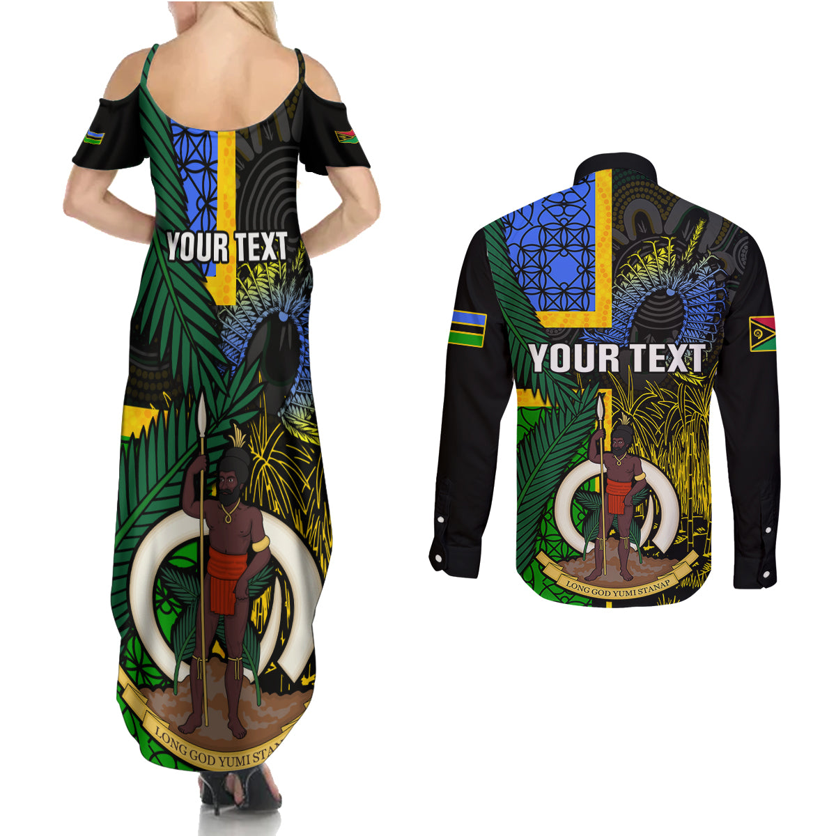 Personalised South Sea Islanders Couples Matching Summer Maxi Dress and Long Sleeve Button Shirts Kanakas With Vanuatu Coat Of Arms LT14 - Polynesian Pride