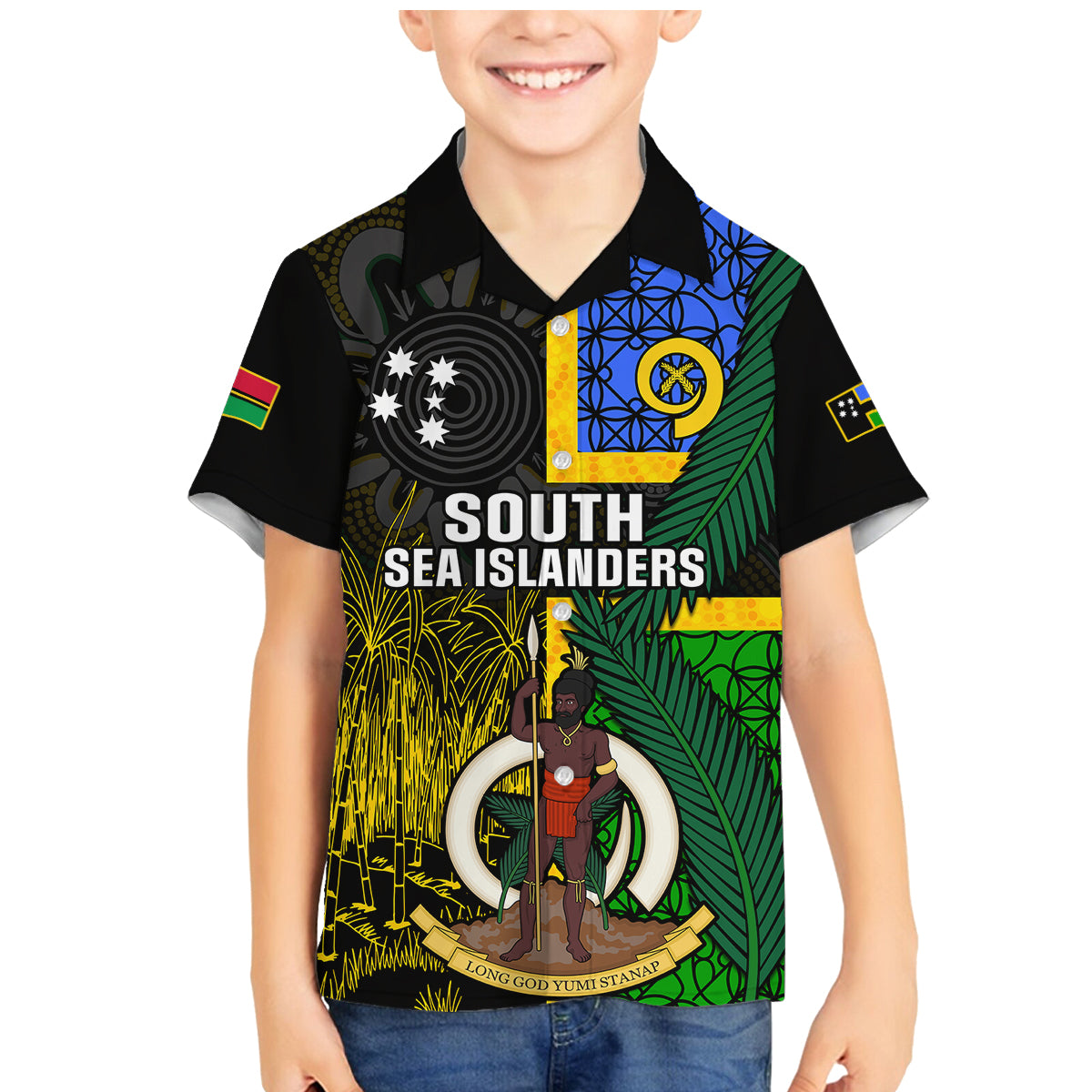 Personalised South Sea Islanders Family Matching Mermaid Dress and Hawaiian Shirt Kanakas With Vanuatu Coat Of Arms LT14 Son's Shirt Black - Polynesian Pride