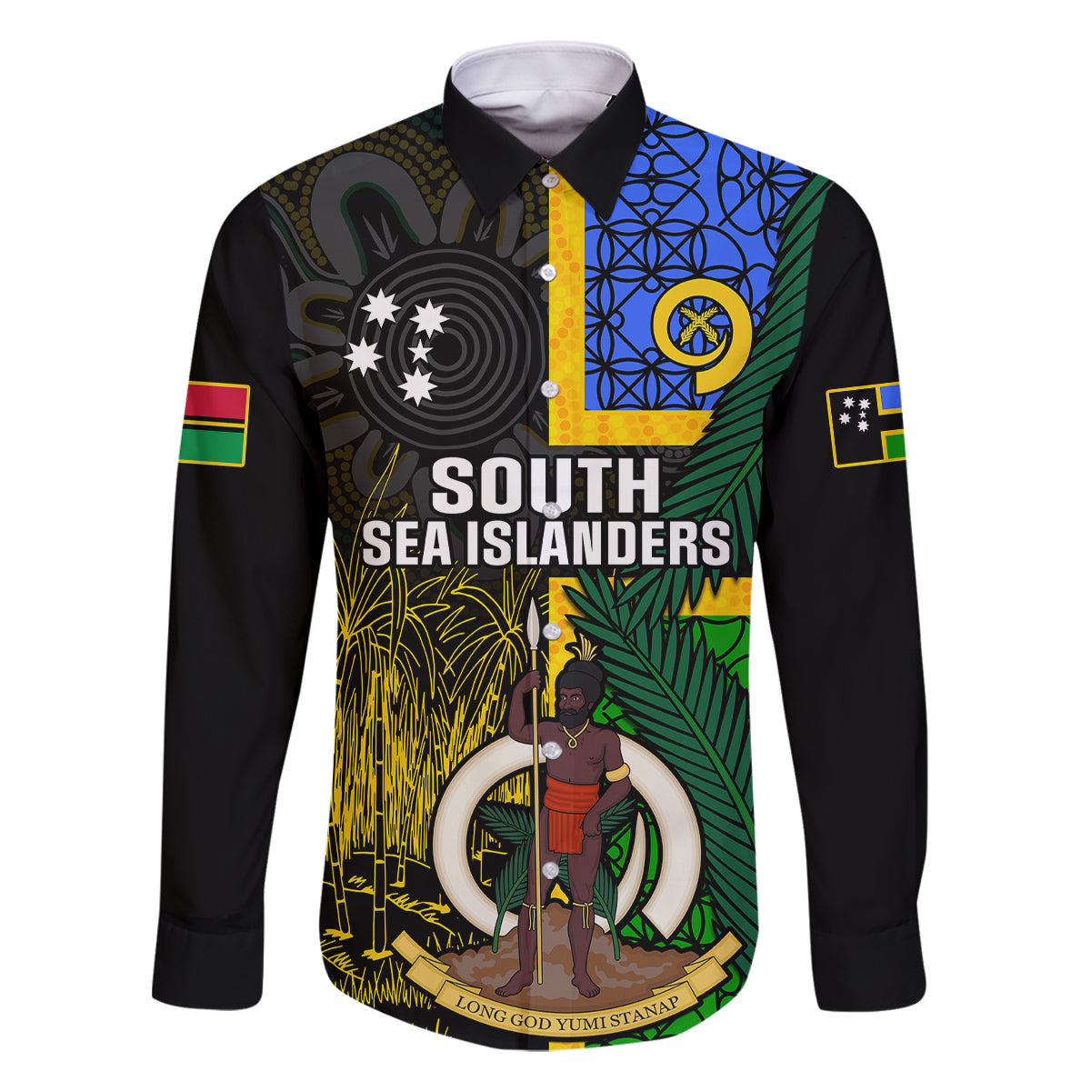 Personalised South Sea Islanders Family Matching Summer Maxi Dress and Hawaiian Shirt Kanakas With Vanuatu Coat Of Arms LT14 Dad's Shirt - Long Sleeve Black - Polynesian Pride