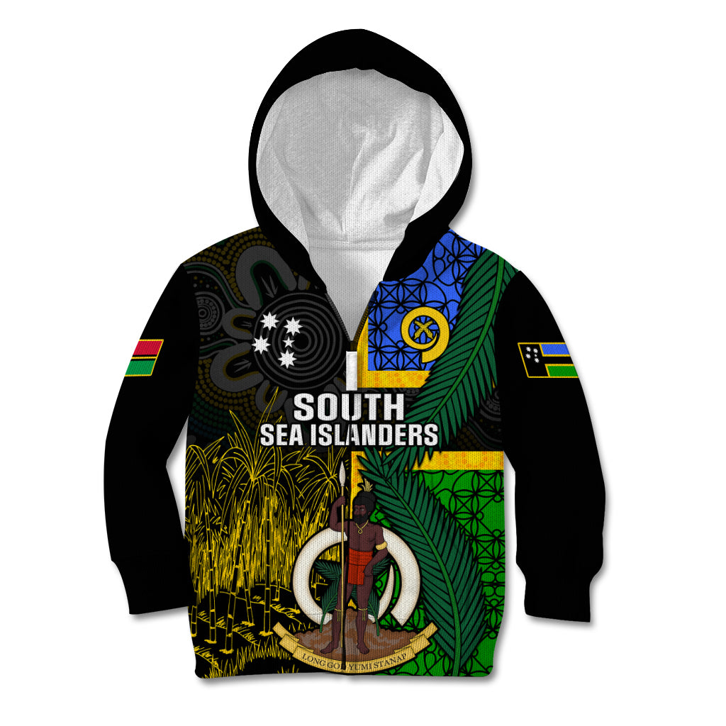 Personalised South Sea Islanders Kid Hoodie Kanakas With Vanuatu Coat Of Arms LT14 Zip Hoodie Black - Polynesian Pride
