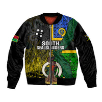 Personalised South Sea Islanders Sleeve Zip Bomber Jacket Kanakas With Vanuatu Coat Of Arms LT14 Unisex Black - Polynesian Pride