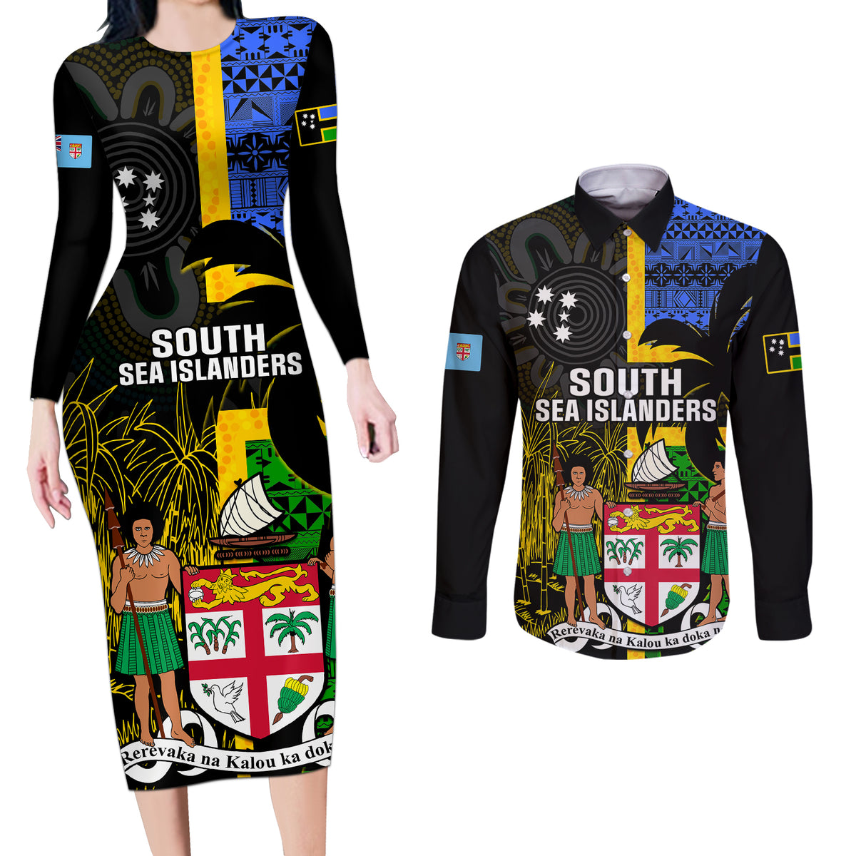 Personalised South Sea Islanders Couples Matching Long Sleeve Bodycon Dress and Long Sleeve Button Shirts Kanakas With Fiji Coat Of Arms LT14 Black - Polynesian Pride