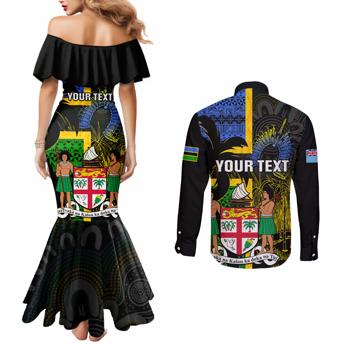 Personalised South Sea Islanders Couples Matching Mermaid Dress and Long Sleeve Button Shirts Kanakas With Fiji Coat Of Arms LT14 - Polynesian Pride