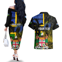 Personalised South Sea Islanders Couples Matching Off The Shoulder Long Sleeve Dress and Hawaiian Shirt Kanakas With Fiji Coat Of Arms LT14 - Polynesian Pride