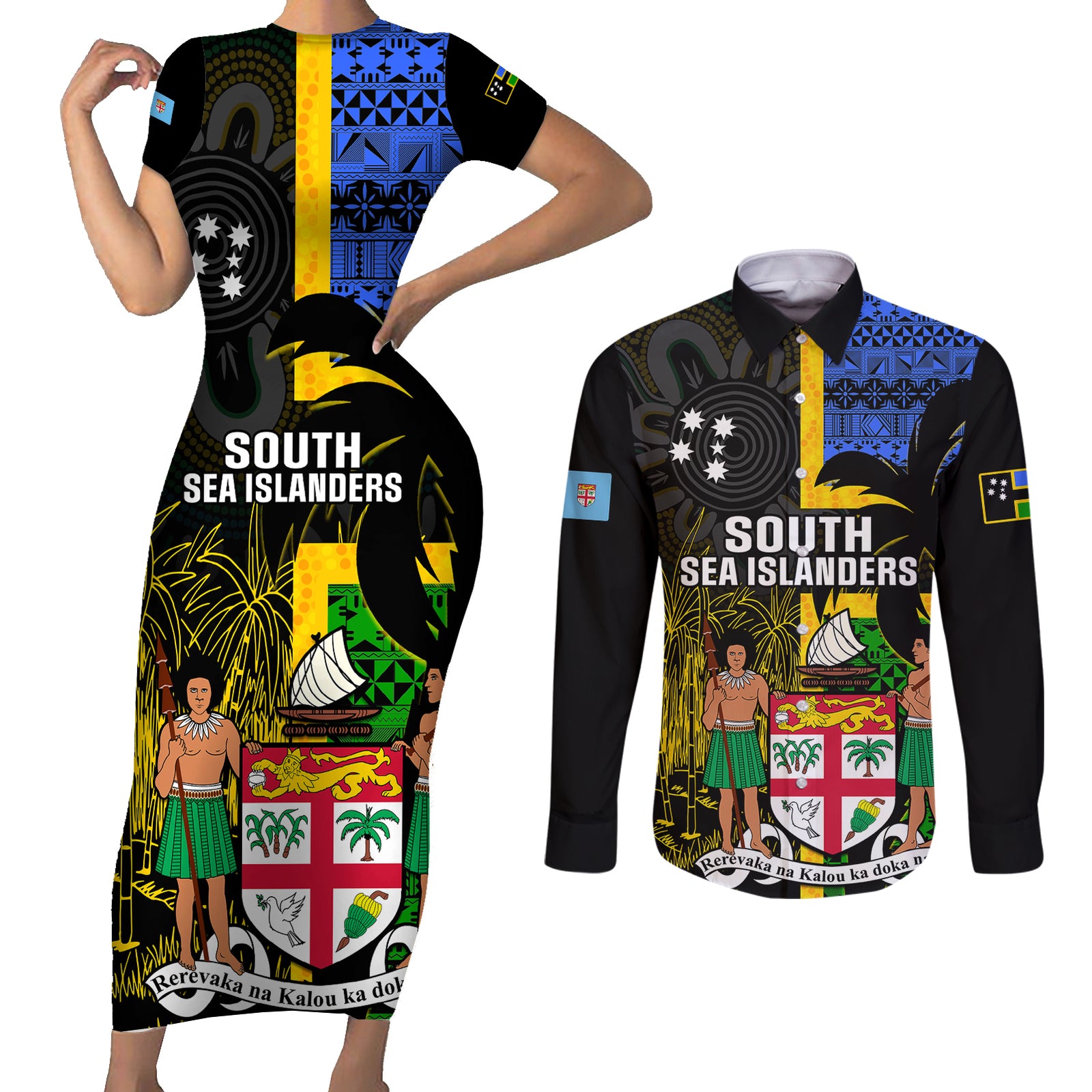 Personalised South Sea Islanders Couples Matching Short Sleeve Bodycon Dress and Long Sleeve Button Shirts Kanakas With Fiji Coat Of Arms LT14 Black - Polynesian Pride