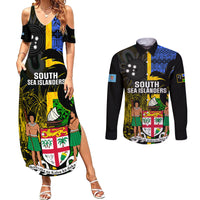 Personalised South Sea Islanders Couples Matching Summer Maxi Dress and Long Sleeve Button Shirts Kanakas With Fiji Coat Of Arms LT14 Black - Polynesian Pride