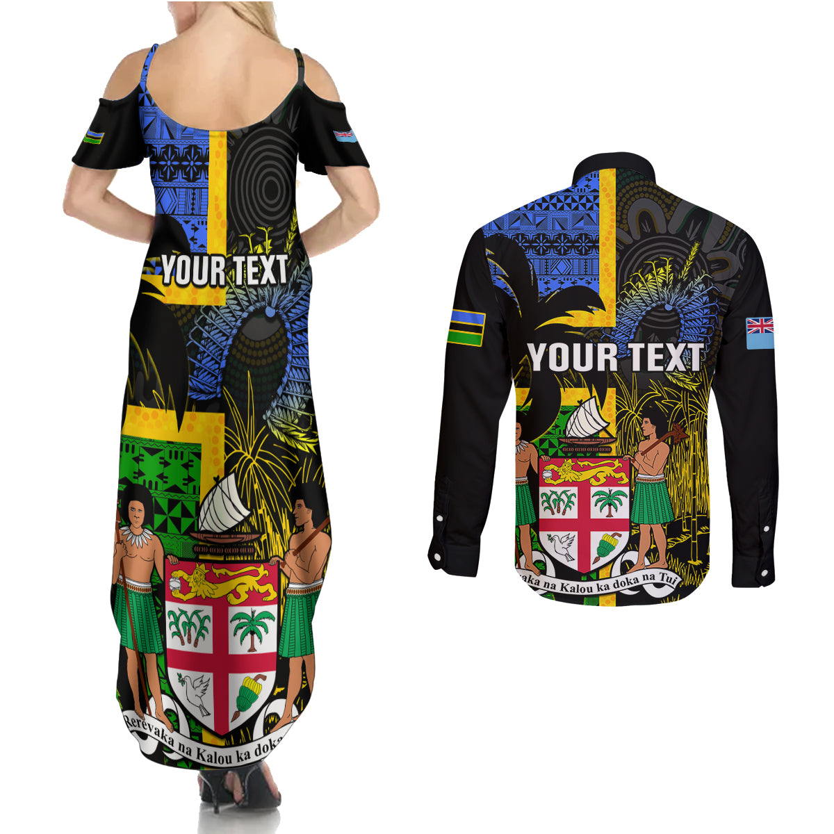 Personalised South Sea Islanders Couples Matching Summer Maxi Dress and Long Sleeve Button Shirts Kanakas With Fiji Coat Of Arms LT14 - Polynesian Pride