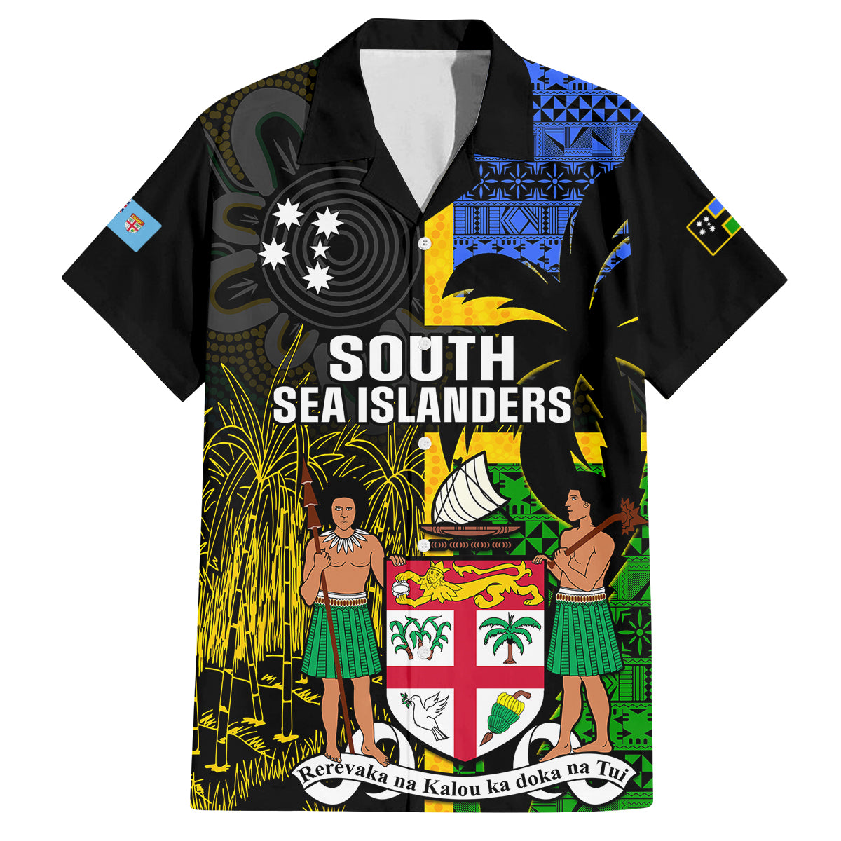 Personalised South Sea Islanders Family Matching Off Shoulder Maxi Dress and Hawaiian Shirt Kanakas With Fiji Coat Of Arms LT14 Dad's Shirt - Short Sleeve Black - Polynesian Pride