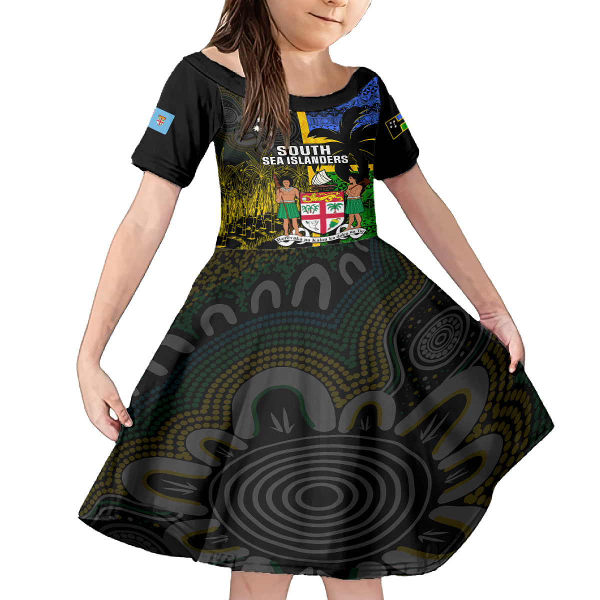 Personalised South Sea Islanders Kid Short Sleeve Dress Kanakas With Fiji Coat Of Arms LT14 KID Black - Polynesian Pride