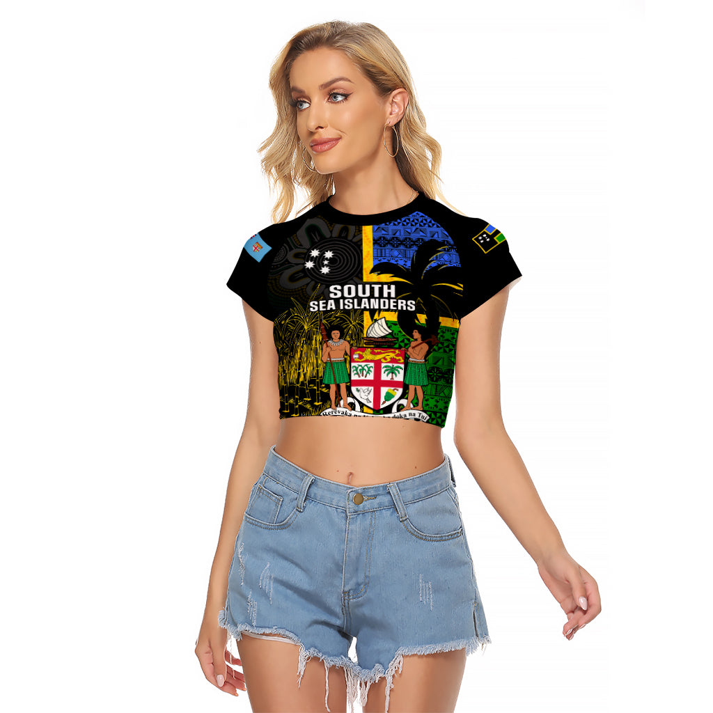 Personalised South Sea Islanders Raglan Cropped T Shirt Kanakas With Fiji Coat Of Arms LT14 Female Black - Polynesian Pride