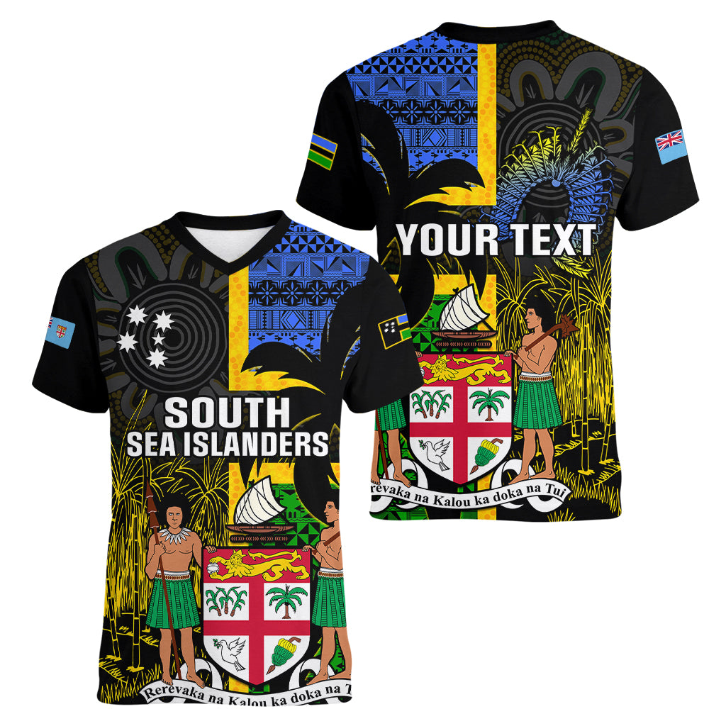 Personalised South Sea Islanders Women V Neck T Shirt Kanakas With Fiji Coat Of Arms LT14 - Polynesian Pride