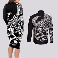 Personalised Polynesia Couples Matching Long Sleeve Bodycon Dress and Long Sleeve Button Shirts Fish Hook Tattoo Go Fishing Polynesian Pattern Black LT14 - Polynesian Pride