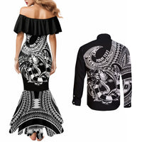 Personalised Polynesia Couples Matching Mermaid Dress and Long Sleeve Button Shirts Fish Hook Tattoo Go Fishing Polynesian Pattern Black LT14 - Polynesian Pride