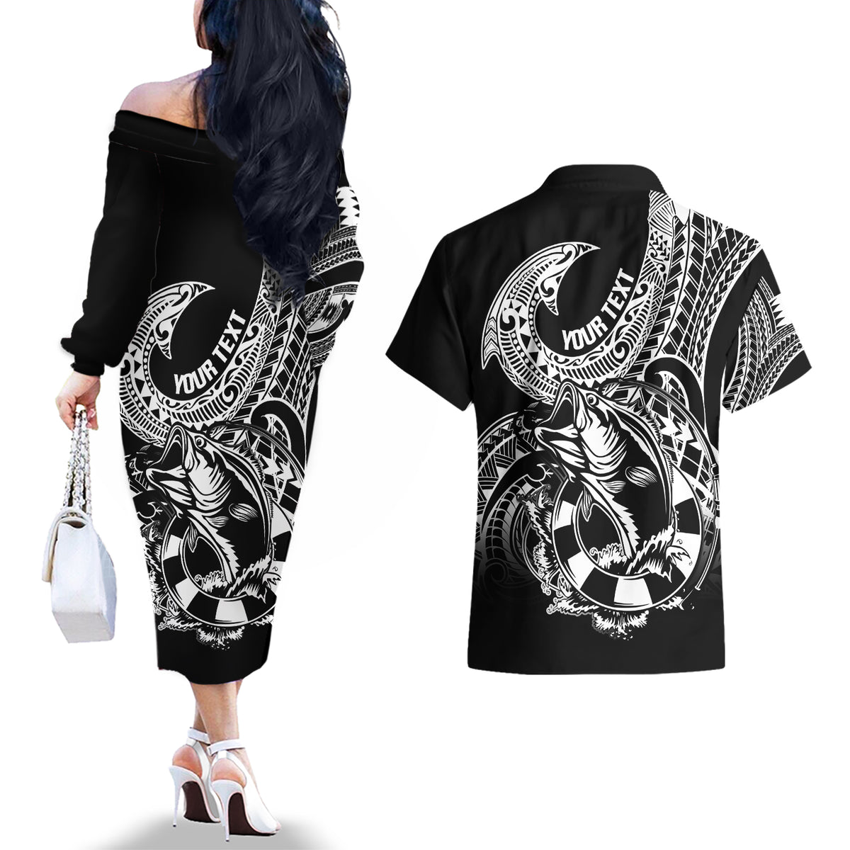 Personalised Polynesia Couples Matching Off The Shoulder Long Sleeve Dress and Hawaiian Shirt Fish Hook Tattoo Go Fishing Polynesian Pattern Black LT14 - Polynesian Pride