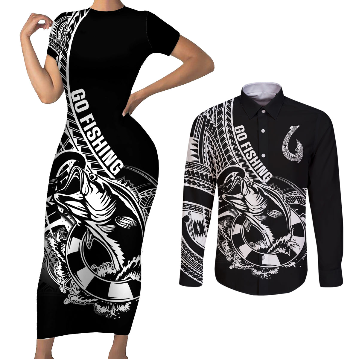 Personalised Polynesia Couples Matching Short Sleeve Bodycon Dress and Long Sleeve Button Shirts Fish Hook Tattoo Go Fishing Polynesian Pattern Black LT14 Black - Polynesian Pride