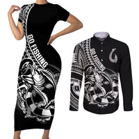Personalised Polynesia Couples Matching Short Sleeve Bodycon Dress and Long Sleeve Button Shirts Fish Hook Tattoo Go Fishing Polynesian Pattern Black LT14 Black - Polynesian Pride