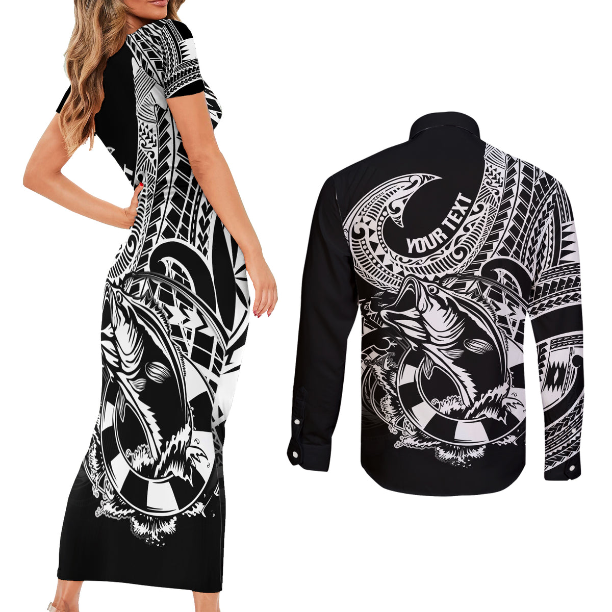 Personalised Polynesia Couples Matching Short Sleeve Bodycon Dress and Long Sleeve Button Shirts Fish Hook Tattoo Go Fishing Polynesian Pattern Black LT14 - Polynesian Pride
