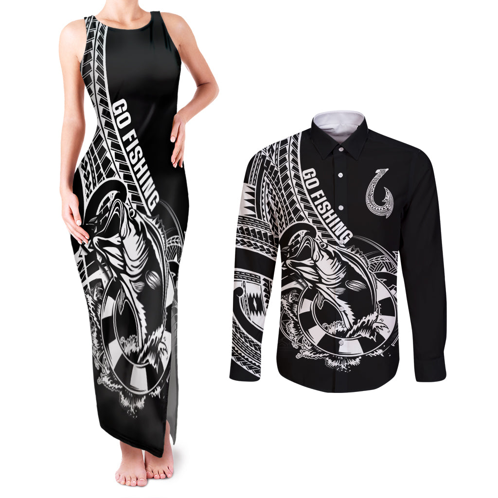 Personalised Polynesia Couples Matching Tank Maxi Dress and Long Sleeve Button Shirts Fish Hook Tattoo Go Fishing Polynesian Pattern Black LT14 Black - Polynesian Pride