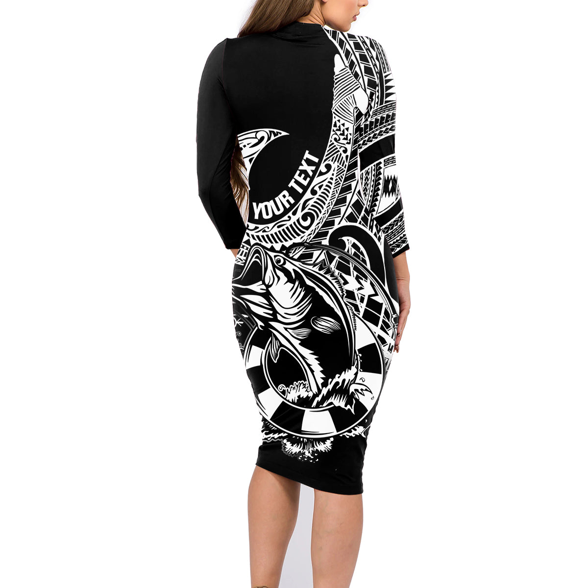 Personalised Polynesia Family Matching Long Sleeve Bodycon Dress and Hawaiian Shirt Fish Hook Tattoo Go Fishing Polynesian Pattern Black LT14 - Polynesian Pride