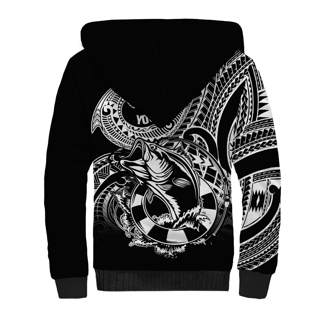Personalised Polynesia Sherpa Hoodie Fish Hook Tattoo Go Fishing Polynesian Pattern Black LT14 - Polynesian Pride