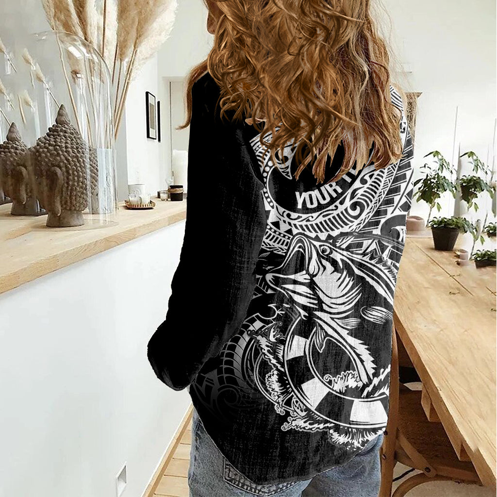 Personalised Polynesia Women Casual Shirt Fish Hook Tattoo Go Fishing Polynesian Pattern Black LT14 - Polynesian Pride