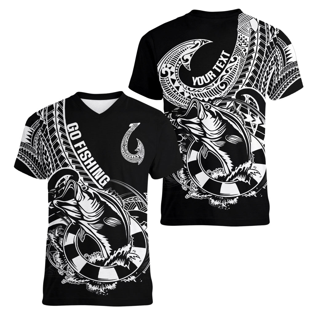 Personalised Polynesia Women V Neck T Shirt Fish Hook Tattoo Go Fishing Polynesian Pattern Black LT14 - Polynesian Pride