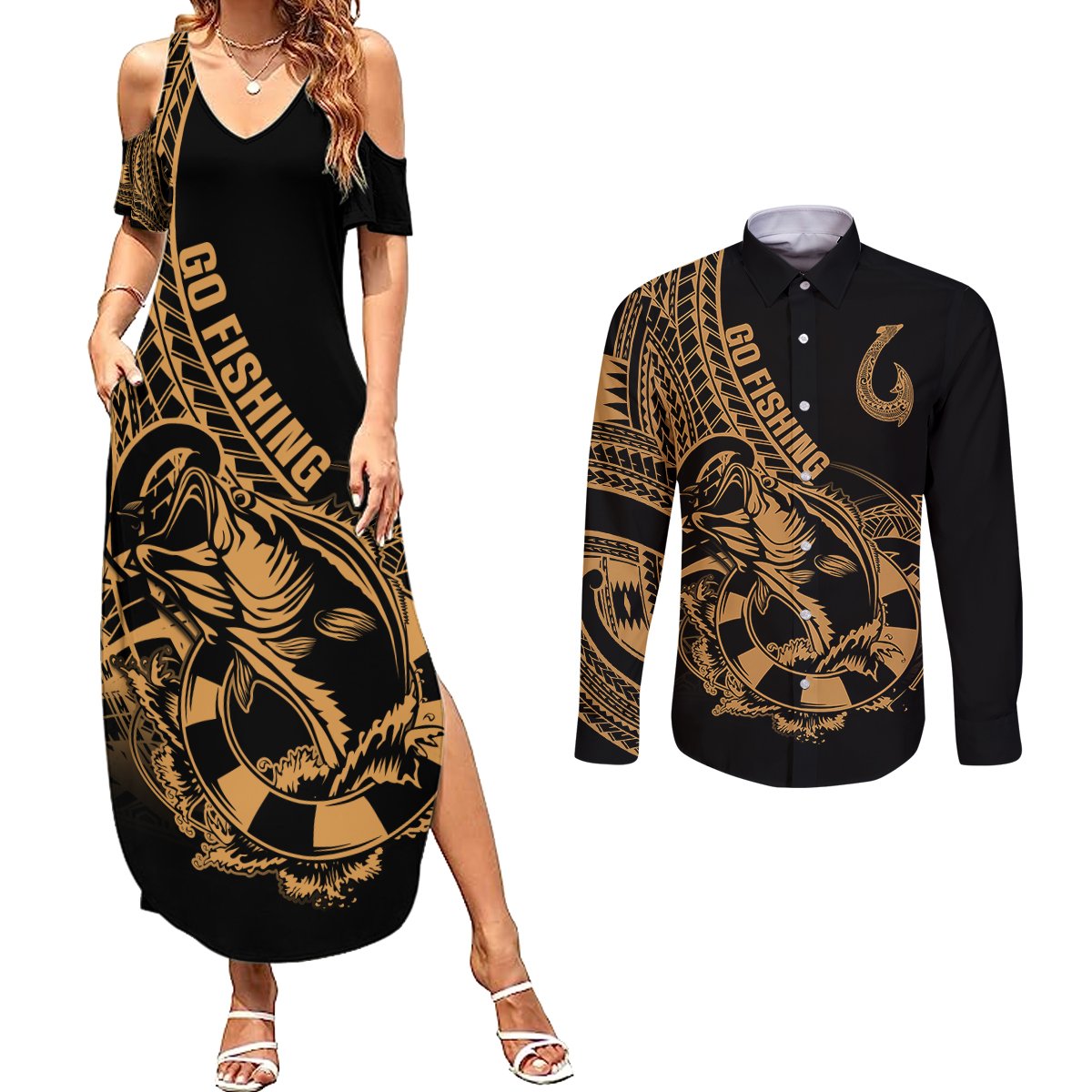 polynesia-couples-matching-summer-maxi-dress-and-long-sleeve-button-shirts-fish-hook-tattoo-go-fishing-polynesian-pattern-gold