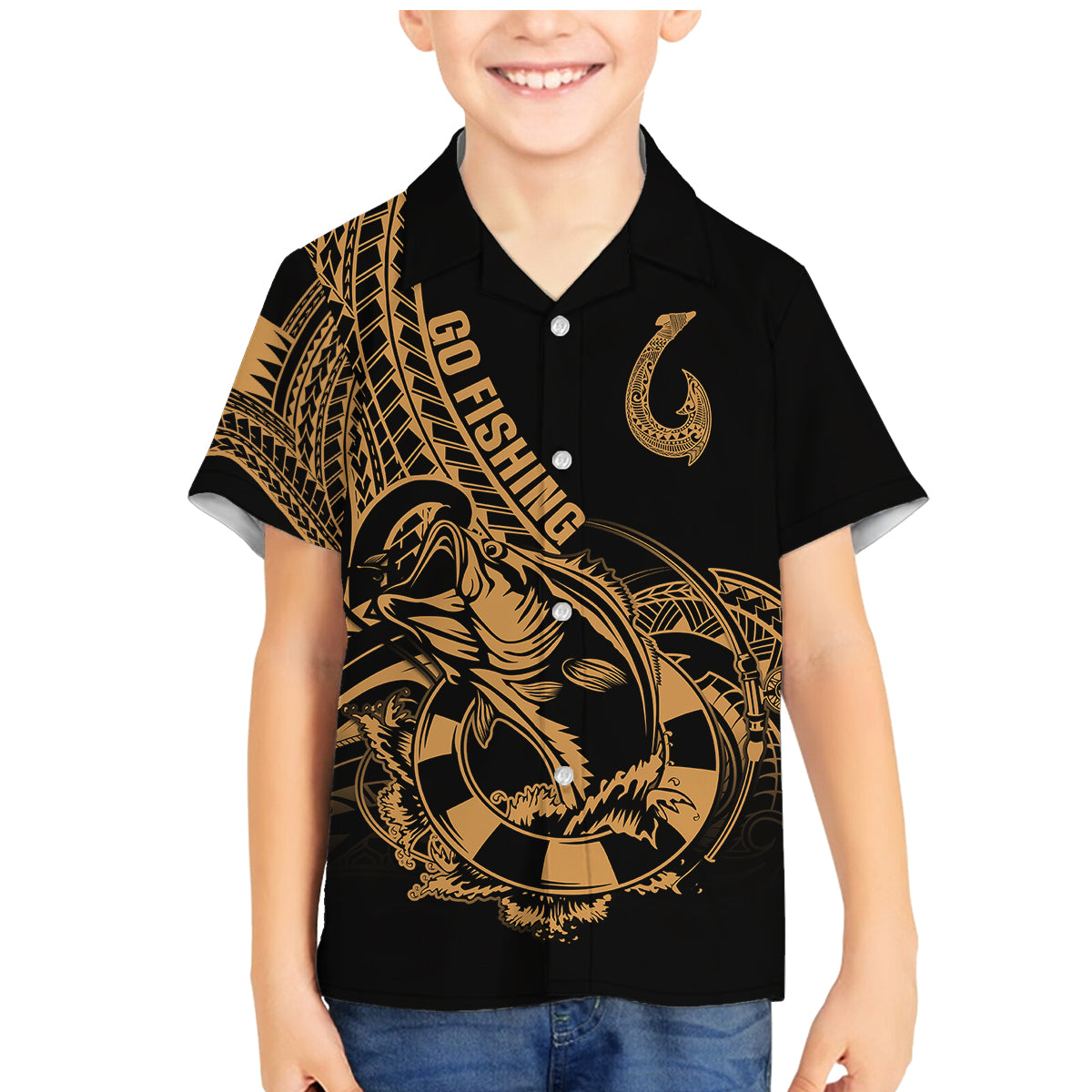 polynesia-family-matching-mermaid-dress-and-hawaiian-shirt-fish-hook-tattoo-go-fishing-polynesian-pattern-gold