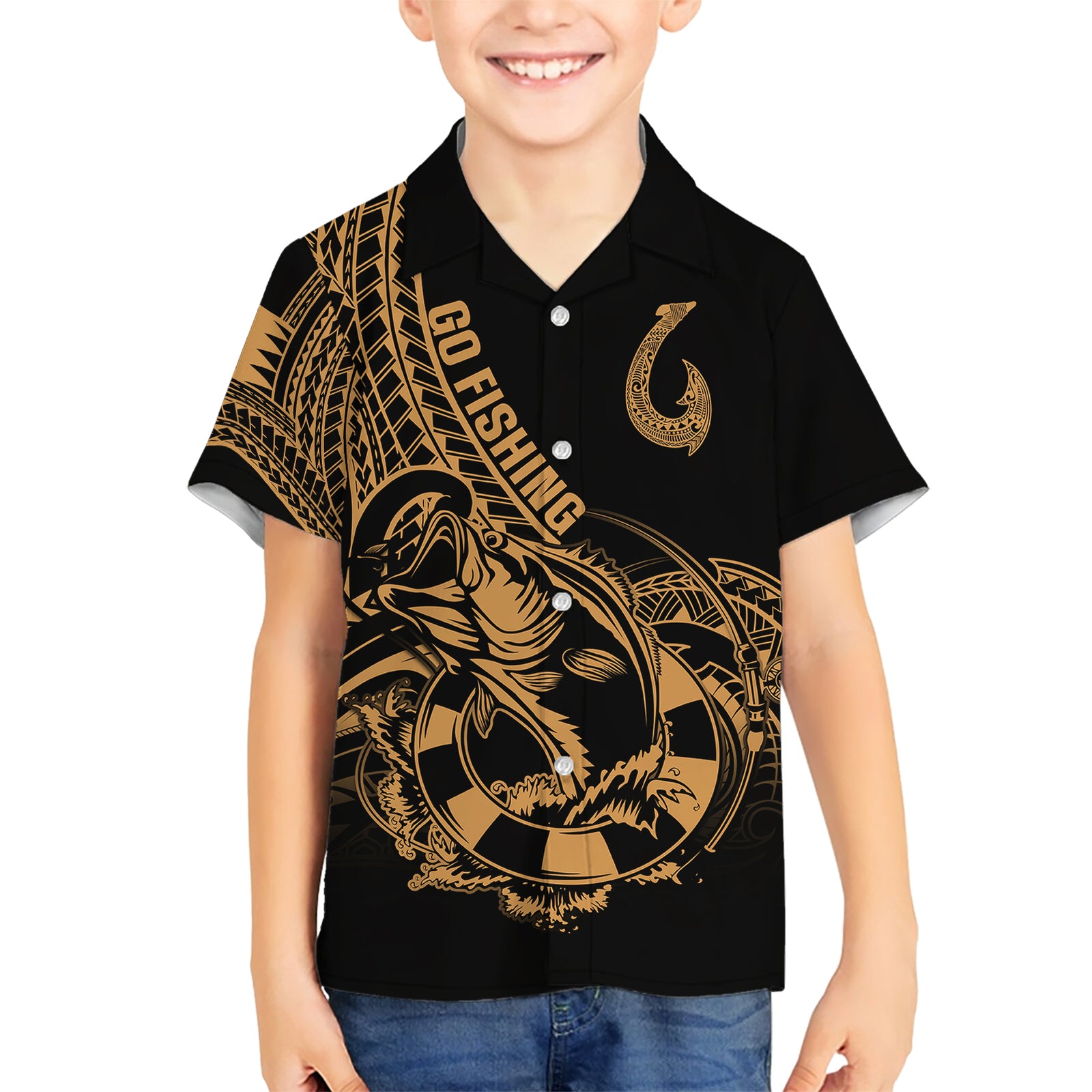 Polynesia Kid Hawaiian Shirt Fish Hook Tattoo Go Fishing Polynesian Pattern Gold LT14 Kid Gold - Polynesian Pride