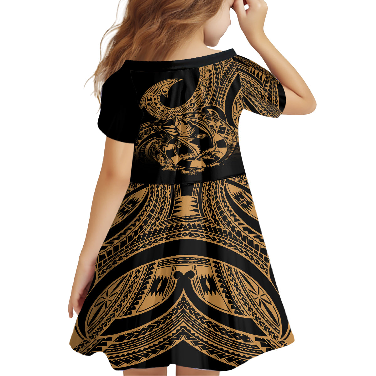 polynesia-kid-short-sleeve-dress-fish-hook-tattoo-go-fishing-polynesian-pattern-gold
