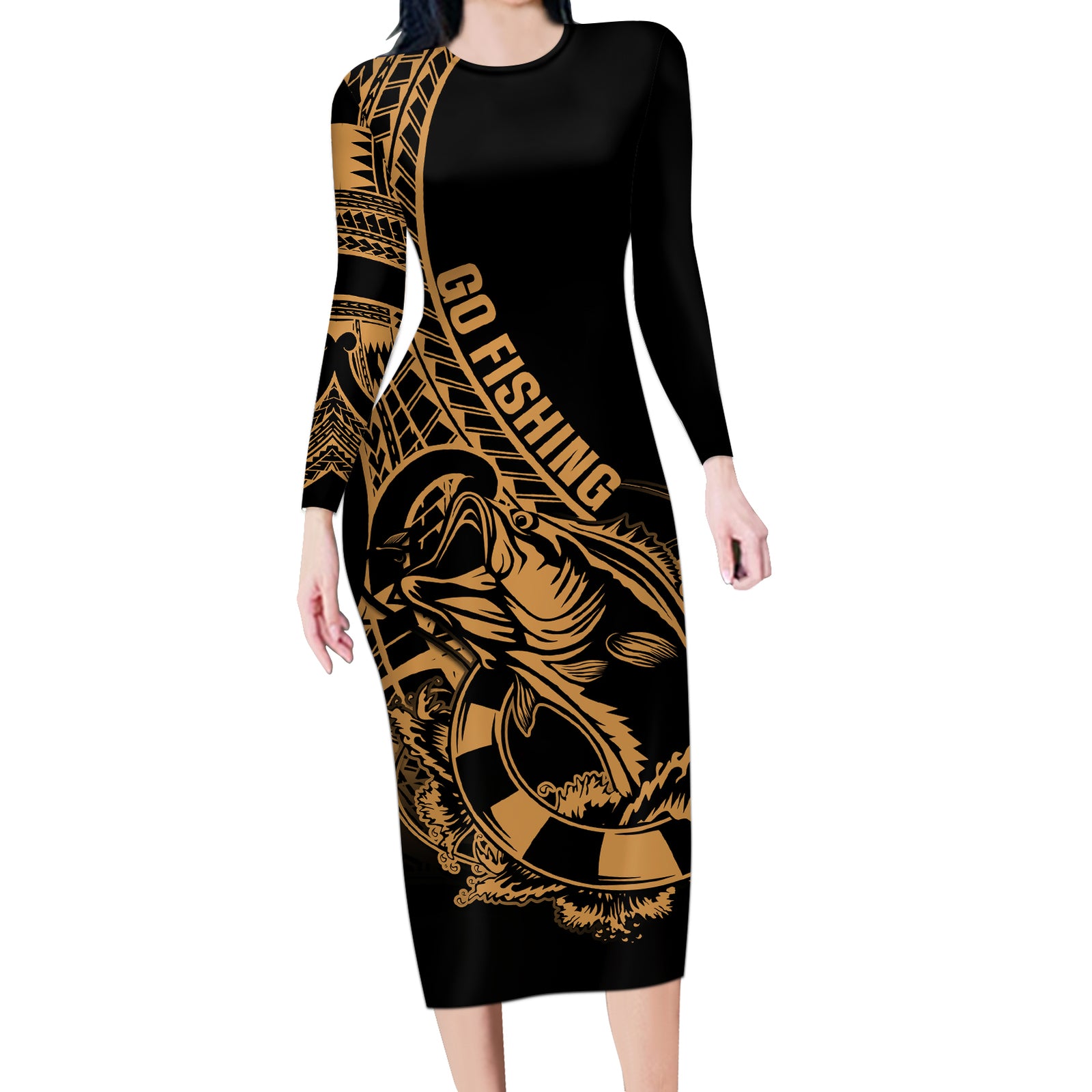 Polynesia Long Sleeve Bodycon Dress Fish Hook Tattoo Go Fishing Polynesian Pattern Gold LT14 Long Dress Gold - Polynesian Pride