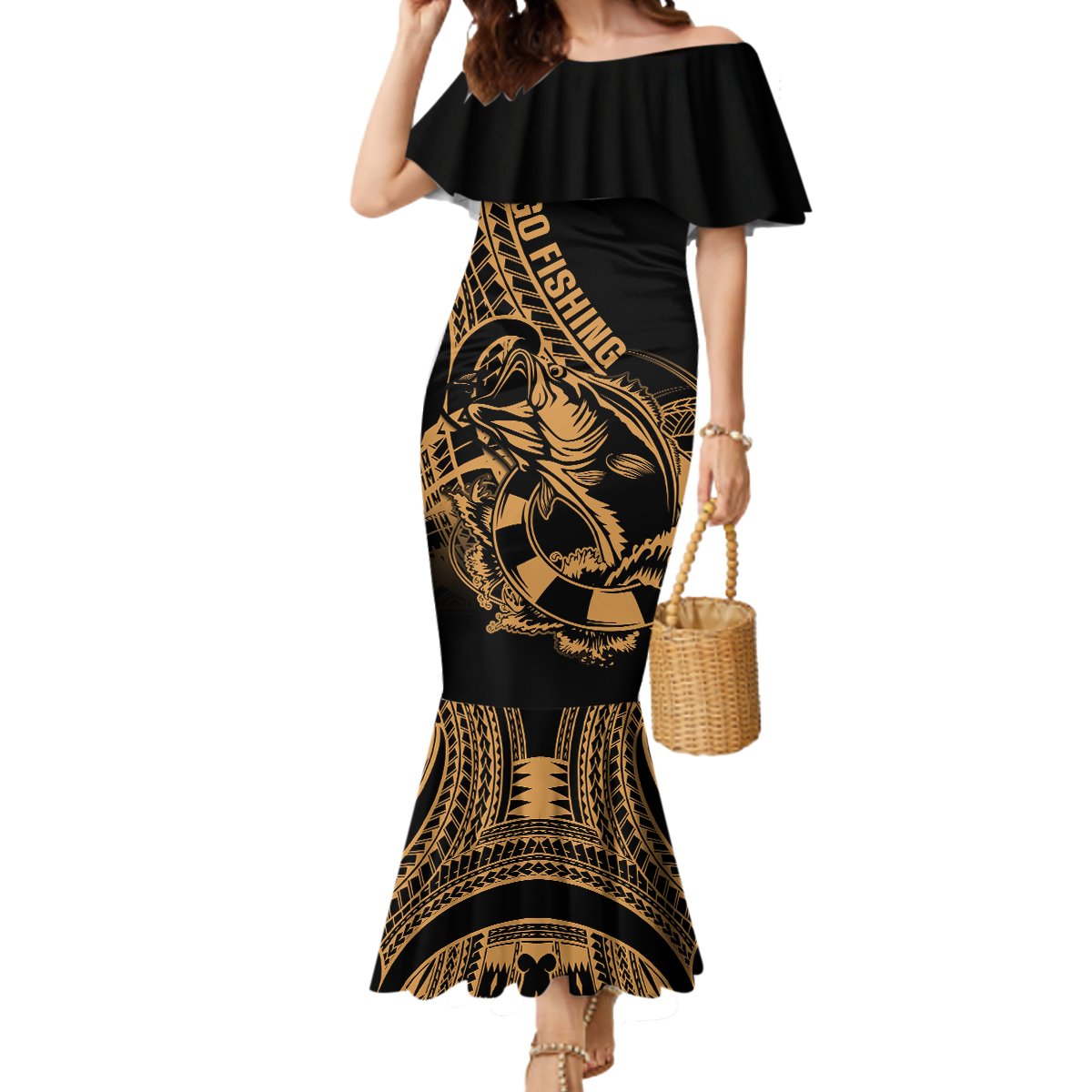 Polynesia Mermaid Dress Fish Hook Tattoo Go Fishing Polynesian Pattern Gold LT14 Women Gold - Polynesian Pride