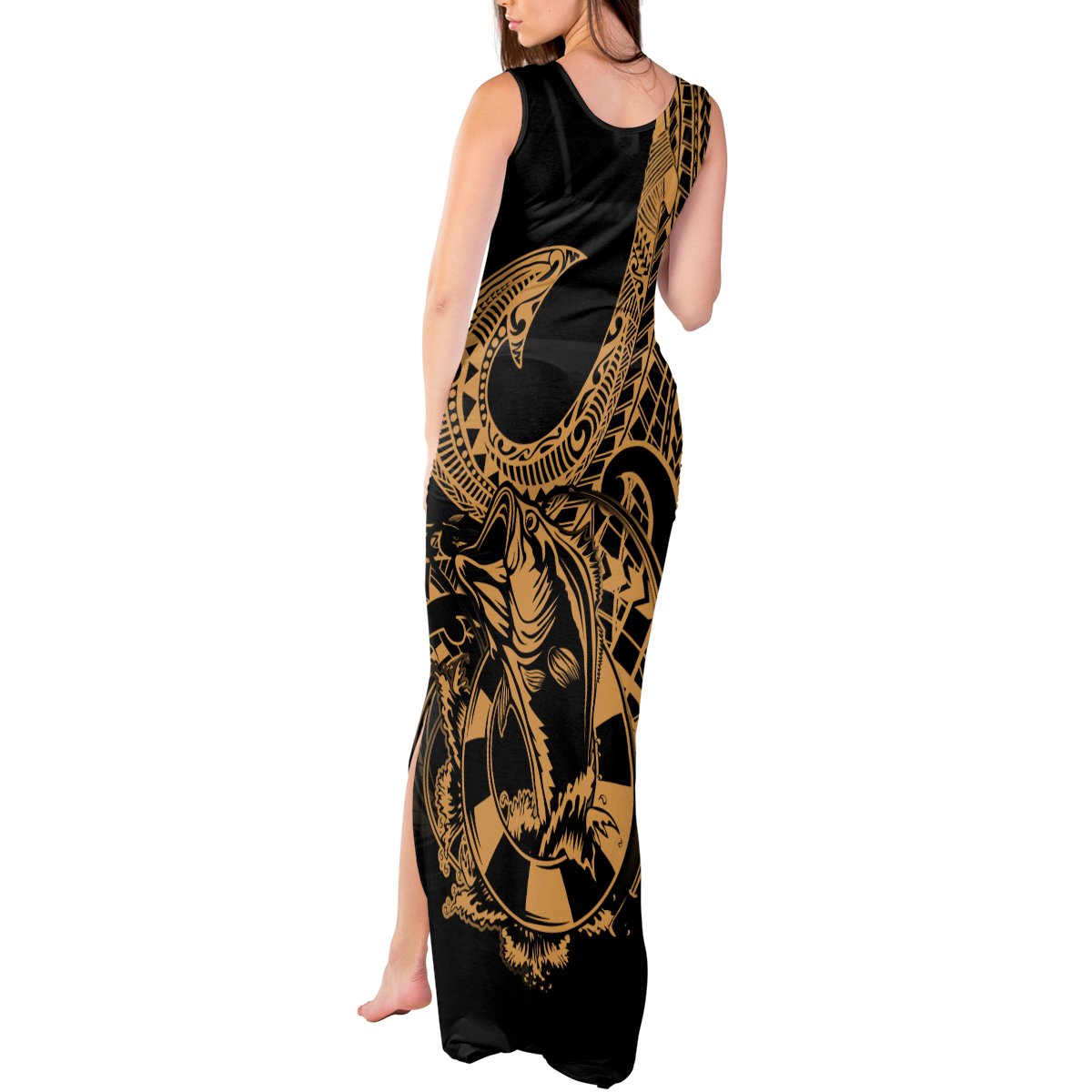 Polynesia Tank Maxi Dress Fish Hook Tattoo Go Fishing Polynesian Pattern Gold LT14 - Polynesian Pride