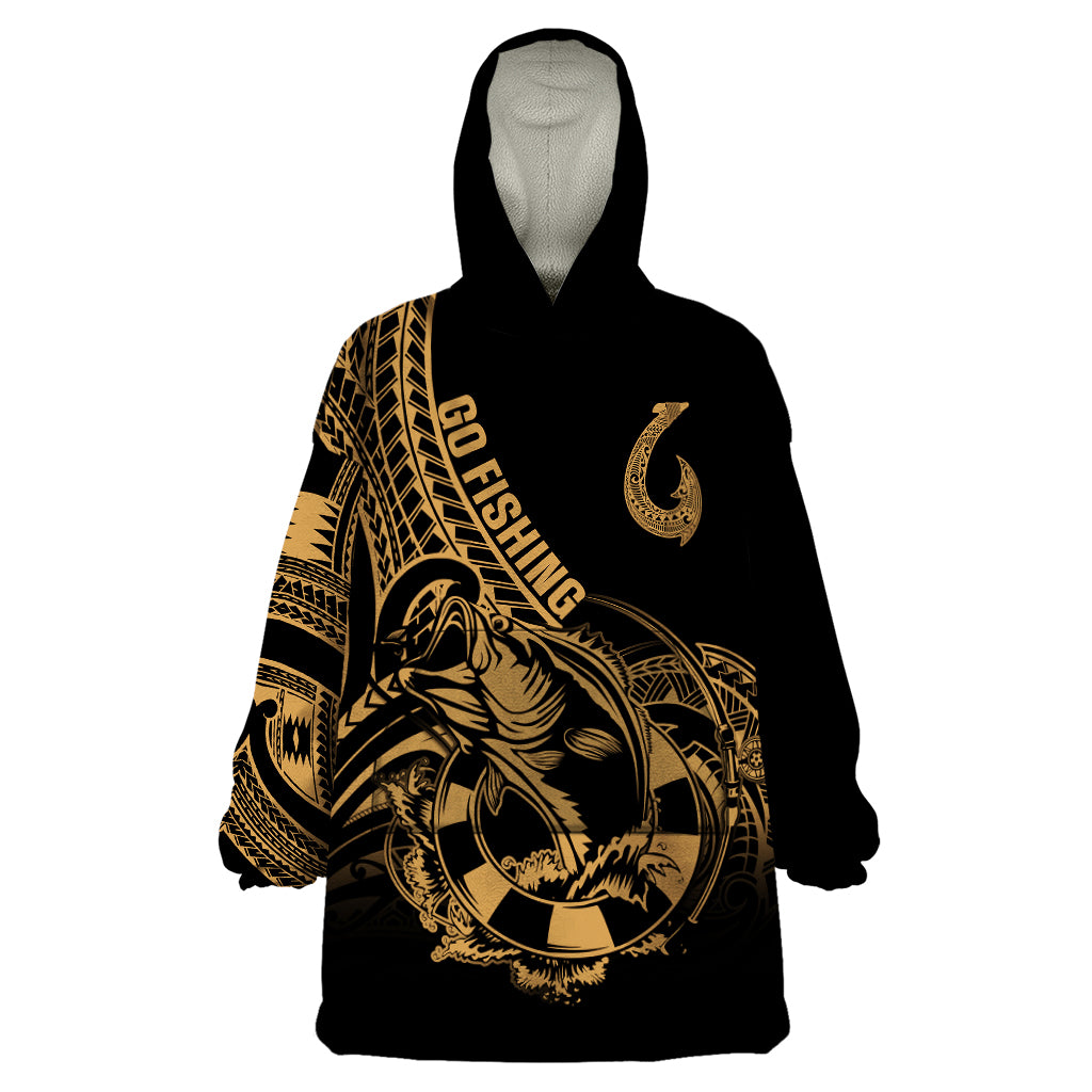 Polynesia Wearable Blanket Hoodie Fish Hook Tattoo Go Fishing Polynesian Pattern Gold LT14 One Size Gold - Polynesian Pride