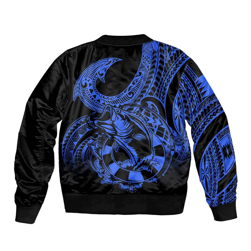 Polynesia Bomber Jacket Fish Hook Tattoo Go Fishing Polynesian Pattern Blue LT14 - Polynesian Pride