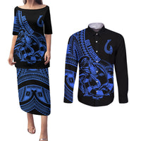 polynesia-couples-matching-puletasi-dress-and-long-sleeve-button-shirts-fish-hook-tattoo-go-fishing-polynesian-pattern-blue