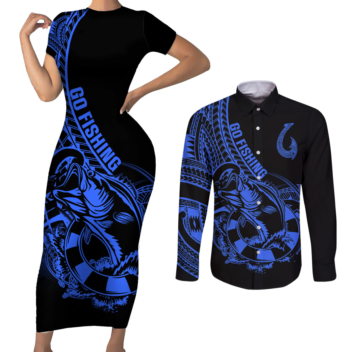Polynesia Couples Matching Short Sleeve Bodycon Dress and Long Sleeve Button Shirts Fish Hook Tattoo Go Fishing Polynesian Pattern Blue LT14 Blue - Polynesian Pride