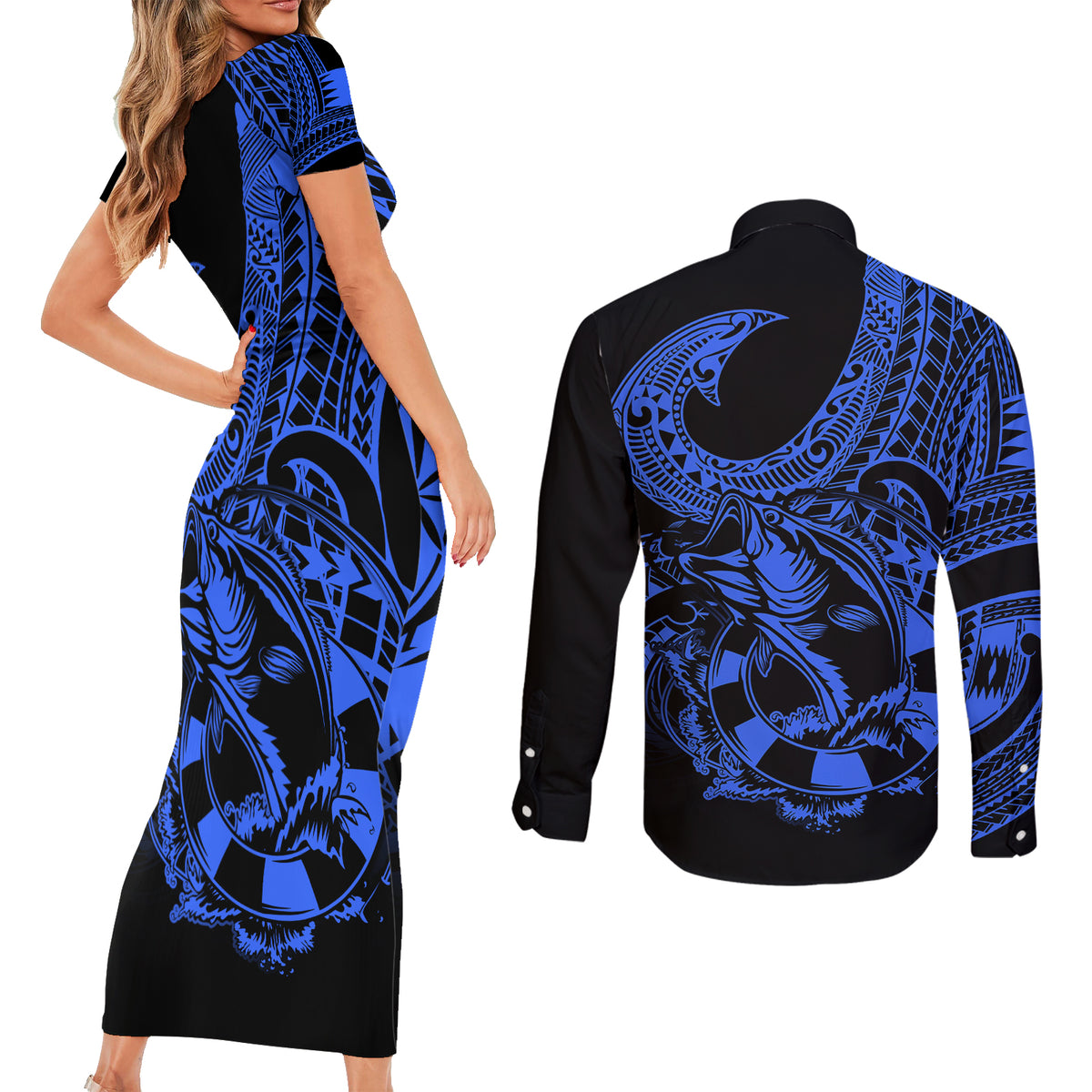 Polynesia Couples Matching Short Sleeve Bodycon Dress and Long Sleeve Button Shirts Fish Hook Tattoo Go Fishing Polynesian Pattern Blue LT14 - Polynesian Pride
