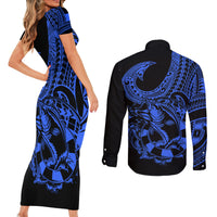 Polynesia Couples Matching Short Sleeve Bodycon Dress and Long Sleeve Button Shirts Fish Hook Tattoo Go Fishing Polynesian Pattern Blue LT14 - Polynesian Pride
