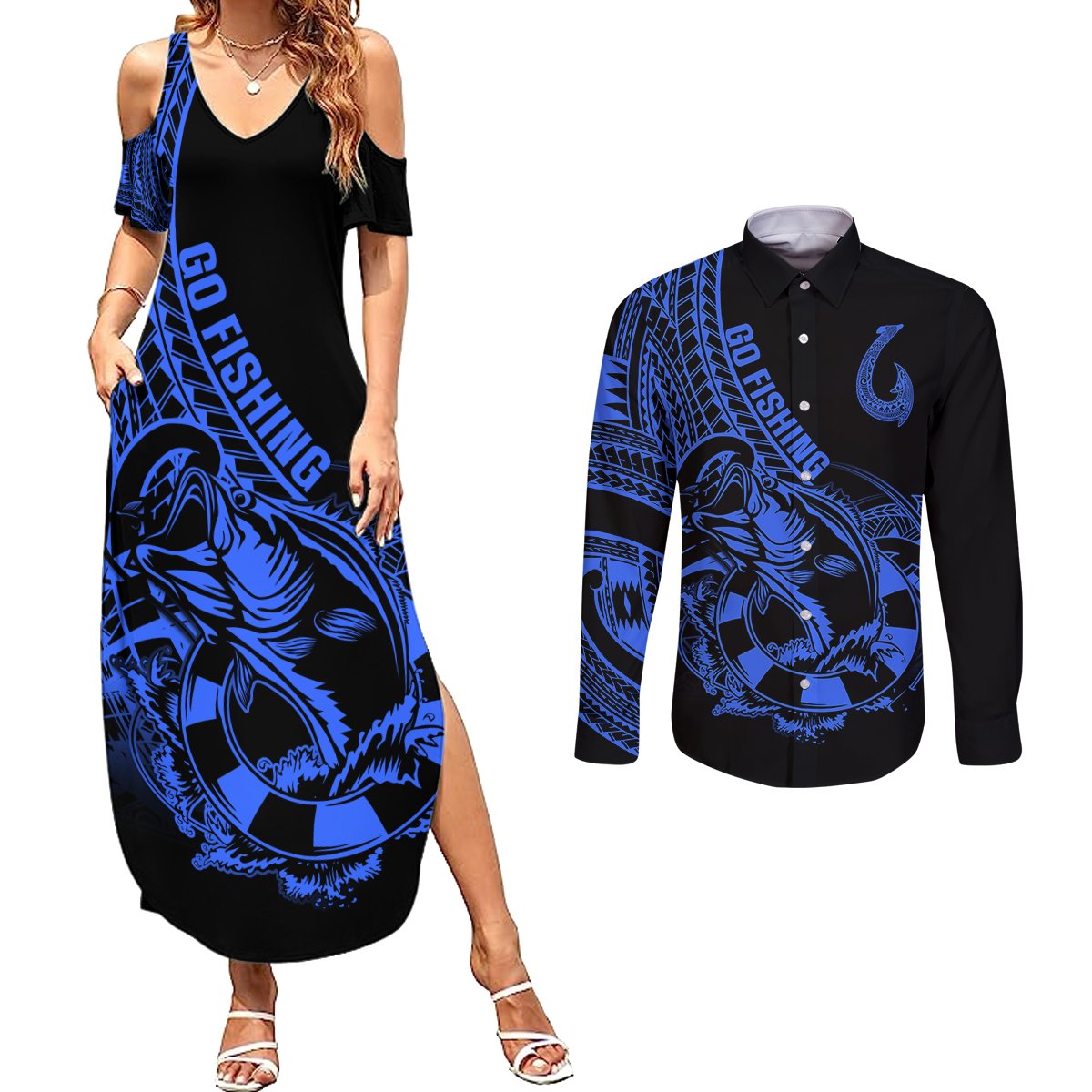 polynesia-couples-matching-summer-maxi-dress-and-long-sleeve-button-shirts-fish-hook-tattoo-go-fishing-polynesian-pattern-blue