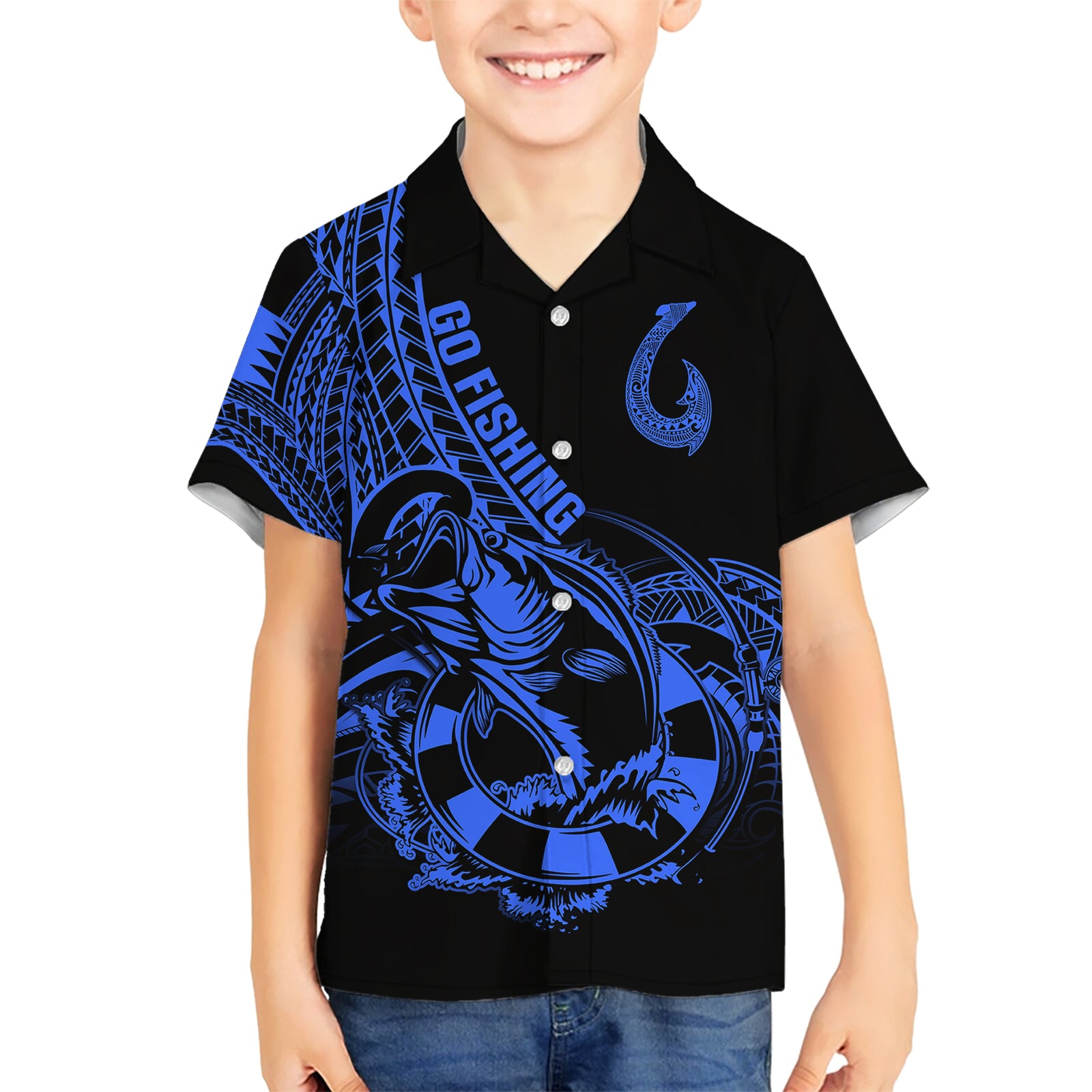Polynesia Kid Hawaiian Shirt Fish Hook Tattoo Go Fishing Polynesian Pattern Blue LT14 Kid Blue - Polynesian Pride