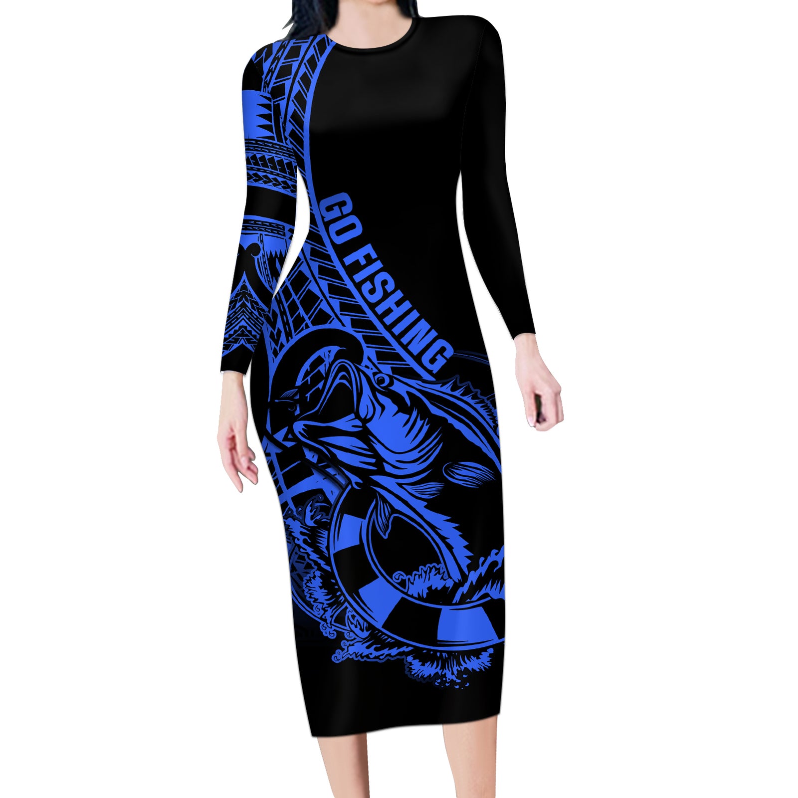 Polynesia Long Sleeve Bodycon Dress Fish Hook Tattoo Go Fishing Polynesian Pattern Blue LT14 Long Dress Blue - Polynesian Pride