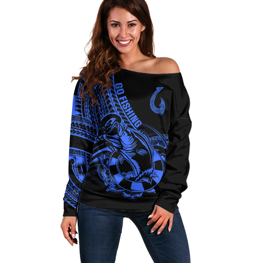 Polynesia Off Shoulder Sweater Fish Hook Tattoo Go Fishing Polynesian Pattern Blue LT14 Women Blue - Polynesian Pride