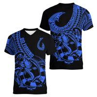 polynesia-women-v-neck-t-shirt-fish-hook-tattoo-go-fishing-polynesian-pattern-blue