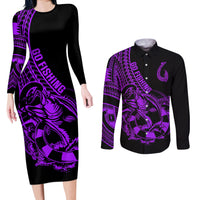Polynesia Couples Matching Long Sleeve Bodycon Dress and Long Sleeve Button Shirts Fish Hook Tattoo Go Fishing Polynesian Pattern Purple LT14 Purple - Polynesian Pride
