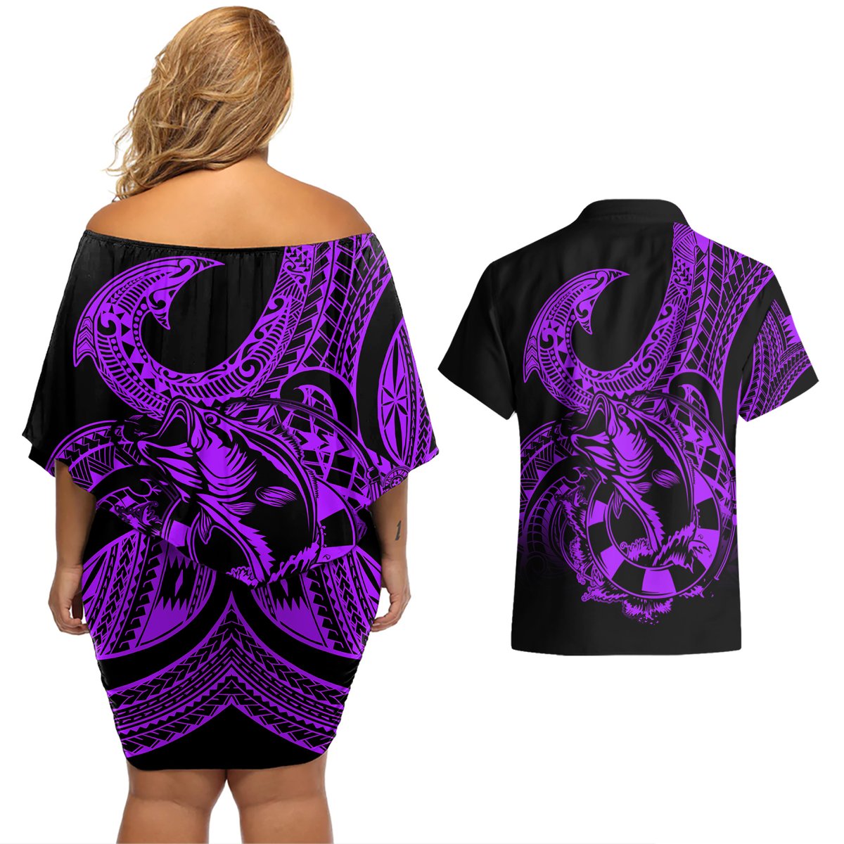 polynesia-couples-matching-off-shoulder-short-dress-and-hawaiian-shirt-fish-hook-tattoo-go-fishing-polynesian-pattern-purple