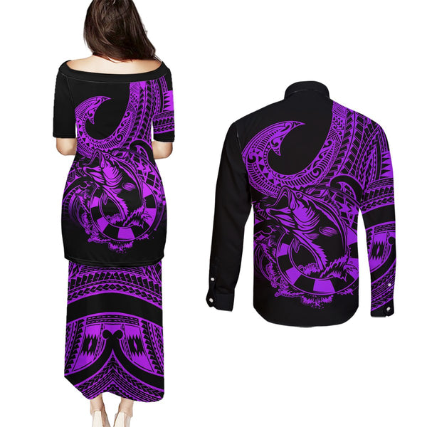 Fiji Rugby Couples Matching Puletasi Dress and Long Sleeve Button Shirts World Cup 2023 Go Champions Fijian Tapa Blue Version LT14