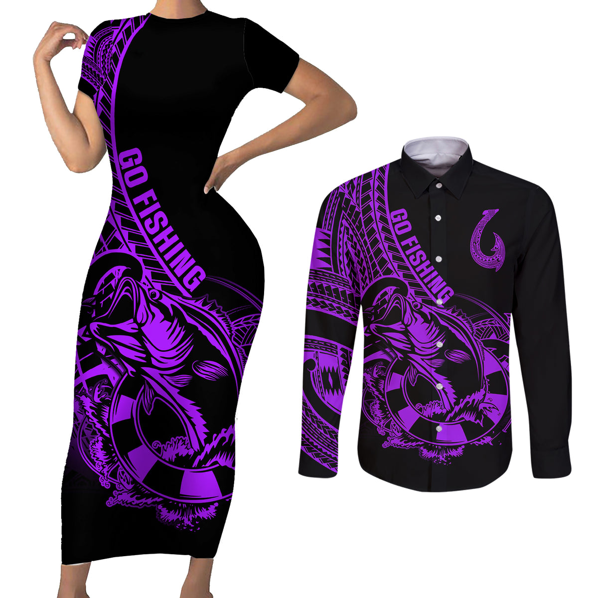 polynesia-couples-matching-short-sleeve-bodycon-dress-and-long-sleeve-button-shirts-fish-hook-tattoo-go-fishing-polynesian-pattern-purple